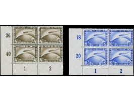 1928, Zeppelin 2 und 4 M. jeweils im Viererblock aus der linken unteren Bogenecke, postfrisch, in tadelloser Erhaltung, unsig
