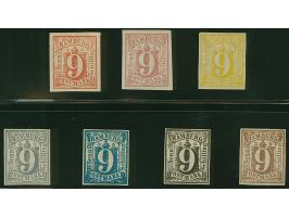 9 Sch., 7 verschiedene Farbproben auf ungummiertem Papier ohne Wasserzeichen, teils kleine Mängel, sehr selten