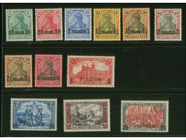 1905, Probedrucke 10 Pa. auf 5 Pfg. bis 25 Pia. auf 5 M. Germania ohne Wasserzeichen mit Aufdruck der Reichspost-Ausgabe von 