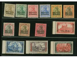 Amtlich nicht verausgabt: 3 C. auf 3 Pfg. bis 6 Pes. 25 cts. auf 5 M. “Deutsches Reich” ohne Wasserzeichen mit Aufdruck der A