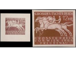 1944, Großer Preis von Wien 12 Pfg. als ungezähnte Foto-Essays in Braun in zwei verschiedenen Formaten (50 x 48 mm und 73 x 6