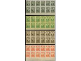 1917, Camilo Torres 1 c., plate proofs in black, green, sepia and orange, each in block of ten without gum, the orange block 
