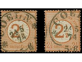 “COELN** 24.5.74” (Spalink 4-2N2) zweimal klar auf zwei losen Marken Ausgabe 1874 2½ auf 2½ Gr. rötlichbraun. Die farbfrische
