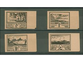 1943, Ansichten von Jersey, “Mise en train”, Probedrucke auf ungummiertem, blassrosa Papier, ½-2P., je mit rechtem Seitenrand