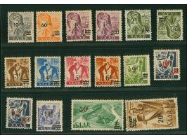 1947, Urdruck 10 C.-50 Fr. komplett, Mi.-Nr. 228-229 sowie 235 je mit in beiden Varianten, 2 F. ein Wert ungebraucht, sonst p