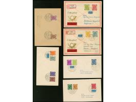 Posthorn 2-90 Pfg. komplett auf 6 FDC, die Hauptwerte auf gelaufenen R-Eilboten-Briefen