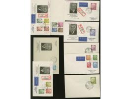 Heuß, 2 Pfg. – 3 M. kpl. auf 9 FDC, dabei die beiden Hauptwerte und einige weitere als R-Briefe in die USA, mit Ankunftsstemp