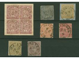 ¼ Gr. braunviolett im Viererblock, sowie 6 weitere Werte ex Mi. 5-12 mit Stempeldaten aus der Reichspostzeit. Teils kleine Mä