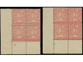 1 Gr. karmin, 2 Viererblocks aus der linken unteren Bogenecke mit Plattenzeichen "B" bzw. "E", postfrisch, einmal Falzspur nu