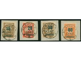 1923, Grünaufdruck 15-60 Cent, je farbfrisch und gut gezähnt, sauber mit Stempel “KLAIPEDA 18.I.24” auf Briefstücken, 15 C. e