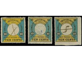 1875, 10C. schwarz/blaugrün/gelb und 10 C. schwarz/graugrün/dunkelgelb, 1. Auflage ein Einzelwert mit Federzug, 2. Auflage ei