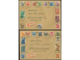 1948, Wiederaufbau des Saarlandes 10 C. – 50 Fr. kpl. auf zwei überfrankierten R-Ortbrief-FDC von „SAARBRÜCKEN 1.4.48“ je mit