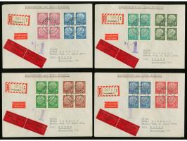 1960, Lumogen 5-40 Pfg., kpl. je als 4er-Block auf vier Eilboten-R-Briefen, sauber gestempelt “DARMSTADT 2 3.3.61” nach Essen