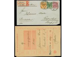 25 Pfg. gelborange mit 5 Pfg., als Zufrankatur auf Ganzsachenumschlag 10 Pfg., als R-Brief vom "BAGAMOYO KDPA 18 3 92" nach R