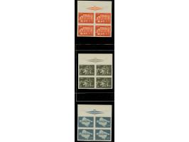 1945, Storm Division 50-100 k. imperforate proofs, blocks of four with upper sheet margin with badge of Storm Division, mint 