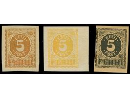 1919, Numerals 5 penni, three different proofs, black on grey paper, bronze on white paper and lemon-yellow on white paper, b