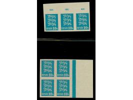 1928, Coat of Arms 10 senti, turqoise-blue, imperforated block of four with burelage and horizontal strip of three with upper