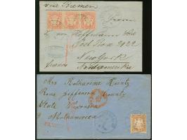 3 Kreuzer rosa im waagerechten 3er-Streifen bzw. 9 Kr. braun, je farbfrisch und gut gezähnt, auf Briefhülle bzw. Briefkuvert 