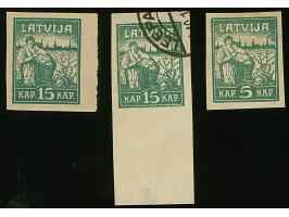 1919, Liberation of Riga 5 and 15 kopeks green, on multicolored resp. red label paper, without gum, in addition 15 kopek on m