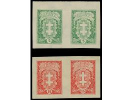 1929, Warrior Cross 5 centu green and 15 centu red, each as imperforated, horizontal pair, mint never hinged, 5 centu small w