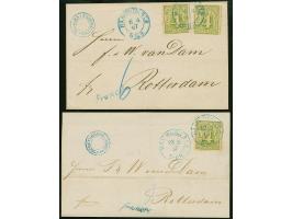 4 Sch. grün, einzeln bzw zwei Stück auf zwei Briefen der 1. bzw 2. Gewichtsstufe derselben Korrespondenz, je mit blauem DKr. 