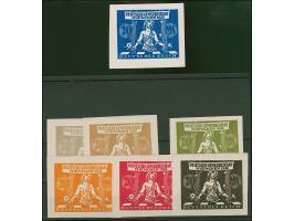 1922, Gewerbeschau München 20 Mark, sieben verschiedenfarbige ungezähnte Essays im Großformat auf Kunstdruckpapier ohne Gummi