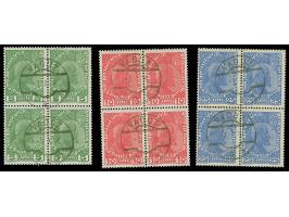 1912, Fürst Johann II. 5-25 H. mittelultramarin auf normalem Papier im kpl. Viererblock-Satz jeweils mit zwei klaren Stempeln