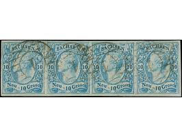 10 Ngr. milchblau, waagerechter Viererstreifen, leicht entwertet durch Nr. "1" DRESDEN; Oberrand ergänzt, sonst breitrandig. 
