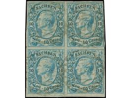 10 Ngr. blau im Viererblock, oben rechts minimal berührt, sonst voll- bis meist breitrandig, leicht entwertet durch Nr. "38" 
