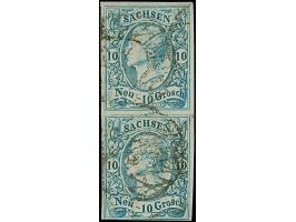 10 Ngr. milchblau im senkrechten Paar, unten noch voll-, sonst breitrandig, mit undeutlichem Nummernstempel. Einwandfrei. Sig