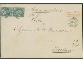 10 Ngr. milchblau im senkrechten Paar, voll- bis breitrandig, mit Nr. "2" auf rekommandiertem Leinenkuvert der 6. Gewichtsstu