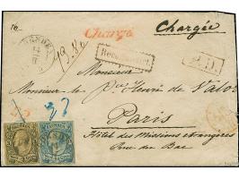 10 Ngr. milchblau, voll-bis breitrandig, zusammen mit leicht berührter 3 Ngr. auf gelb (kleiner Randspalt), mit auf- und nebe