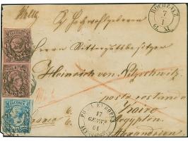 10 Ngr. milchblau, linker Rand ergänzt, sonst voll- bis überrandig, zusammen mit 2 Stück 1 Ngr. auf mattgraurot, mit Nr. "23"