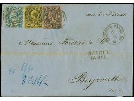 10 Ngr. milchblau, oben rechts kurz berührt, sonst voll-bis breitrandig, zusammen mit 1 Ngr. auf mattgraurot und 3 Ngr. auf g