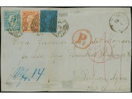 10 Ngr. milchblau, 5 Ngr. bräunlichrot und 2 Ngr. auf blau, als Streifen geklebt, mit verquetscht aufgesetzter Nr. "2" und ne