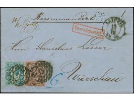 10 Ngr. milchblau und 1 Ngr. auf mattgraurot, letztere oben berührt, sonst beide voll- bis meist breitrandig, mit Nr. "2" und