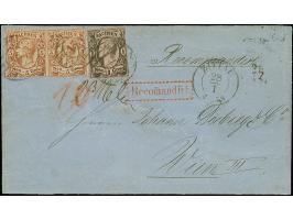 5 Ngr. rostbraun, 2 Einzelwerte, zusammen mit 1 Ngr. auf mattgraurot, alle einseitig berührt, sonst einwandfrei und farbfrisc