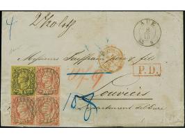 5 Ngr. ziegelrot im 3er-Block, zusammen mit 3 Ngr. auf gelb, alle farbfrisch und voll- bis meist breitrandig, mit einzeln sau