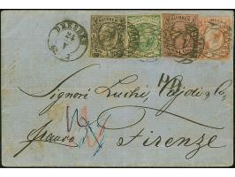 5 Ngr. ziegelrot, voll- bis breitrandig, zusammen mit 1 Ngr. auf mattgraurot, ½ Ngr. auf grau und 1851/63, 3 Pfg. grün (letzt