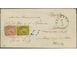 5 Ngr. ziegelrot, unten noch voll-, sonst meist breitrandig, mit teils berührter 3 Ngr. auf gelb, mit Nr. "84" und sauber neb