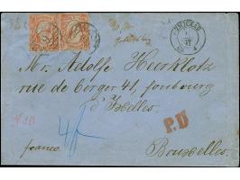 5 Ngr. ziegelrot, 2 Einzelwerte im Schmitzdruck, als 'tête bêche' geklebt, mit Nr. "9" und nebengesetztem Doppelkreisstempel 