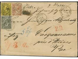 5 Ngr. rostbraun, unten links leicht berührt, sonst voll- bis meist breitrandig, mit fehlerhafter 3 Ngr. auf gelb und einwand