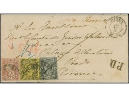 5 Ngr. karminrosa, voll- bis breitrandig, mit jeweils etwas berührter 3 Ngr. auf gelb und ½Ngr. auf grau, mit Doppelkreisstem