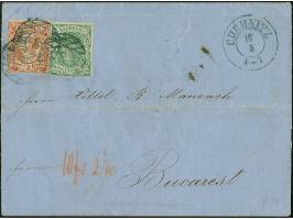 5 Ngr. dunkelzinnoberrot, vollrandig, mit etwas angeschnittener Wappen 3 Pfg. grün, mit Nr. "8" und sauber nebengesetztem DKr