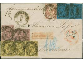 5 Ngr. ziegelrot, voll- bis breitrandig zusammen mit waagerechtem 3er-Streifen 3 Neugroschen auf gelb sowie jeweils 2 Einzelw