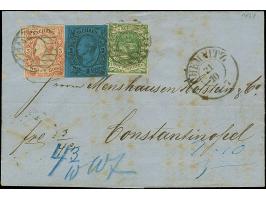 5 Ngr. ziegelrot, 2 Ngr. auf blau und 1851/63, Wappen 3 Pfennig grün, letztere minimal berührt, mit Nr. "8" und sauber nebeng