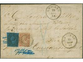 5 Ngr. ziegelrot und 2 Ngr. auf blau, erstere rechts oben minimal berührt, sonst beide voll- bis breitrandig mit Nr. "6" und 