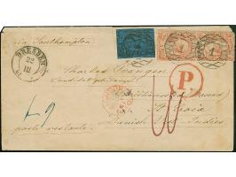 5 Ngr. ziegelrot im senkrechten Paar, mit 2 Ngr. auf blau, mit Nr. "1" und nebengesetztem Doppelkreisstempel "DRESDEN 22 III 