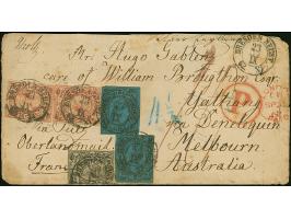 5 Ngr. ziegelrot, 2 Einzelwerte, zusammen mit 2 Einzelwerten 2 Ngr. auf blau und Einzelmarke ½ Ngr. auf grau, letztere rechts