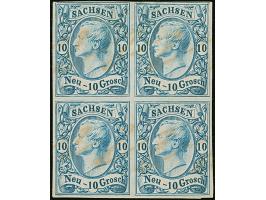 Probedruck 10 Ngr. in der verausgabten Farbe, voll-bis breitrandiger Viererblock mit Annullierungsstrichen, auf ungummiertem 